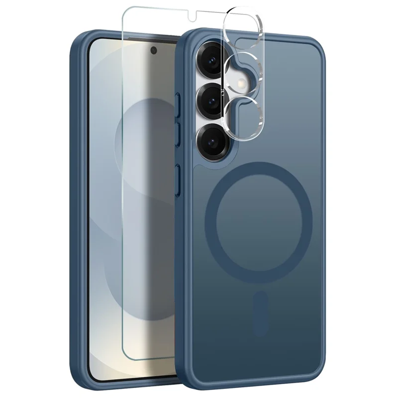 NORTHJO For Samsung Galaxy S25 Magnetic Case Translucent Matte Shockproof Phone Cover Set with Front Screen Protector + Lens Film - Blue