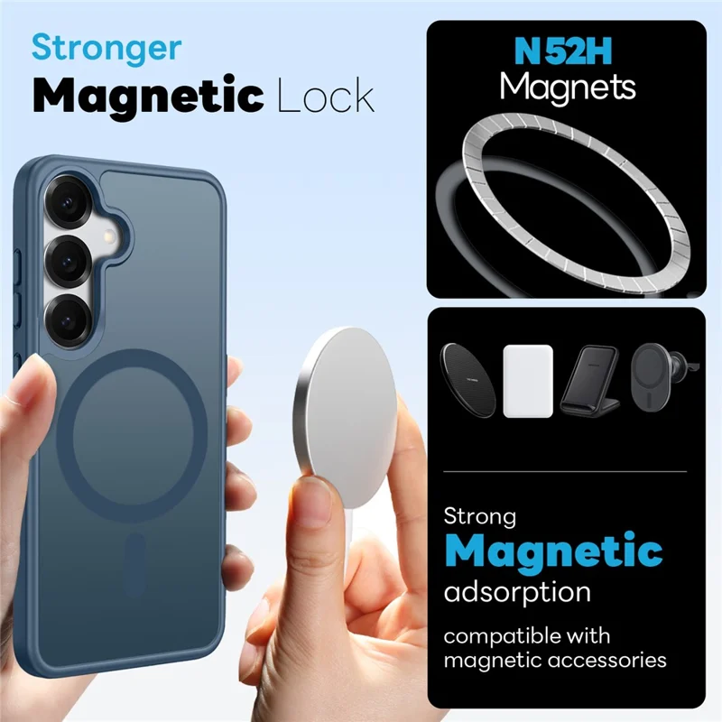 NORTHJO For Samsung Galaxy S25+ Magnetic Case Translucent Matte Shockproof Phone Cover Set with Front Screen Protector + Lens Film - Blue