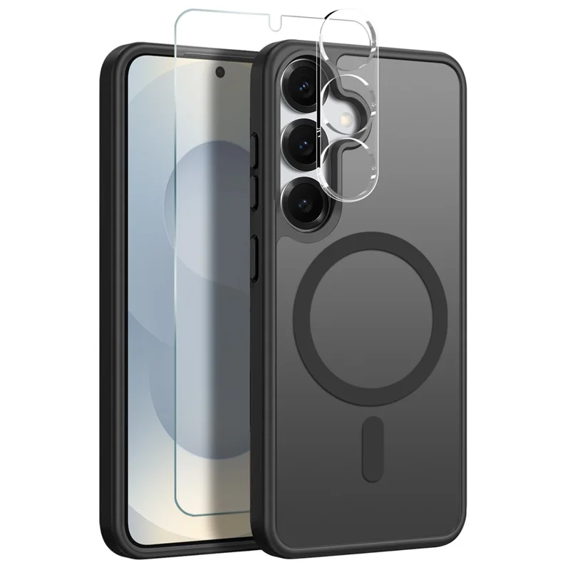NORTHJO For Samsung Galaxy S25+ Magnetic Case Translucent Matte Shockproof Phone Cover Set with Front Screen Protector + Lens Film - Black