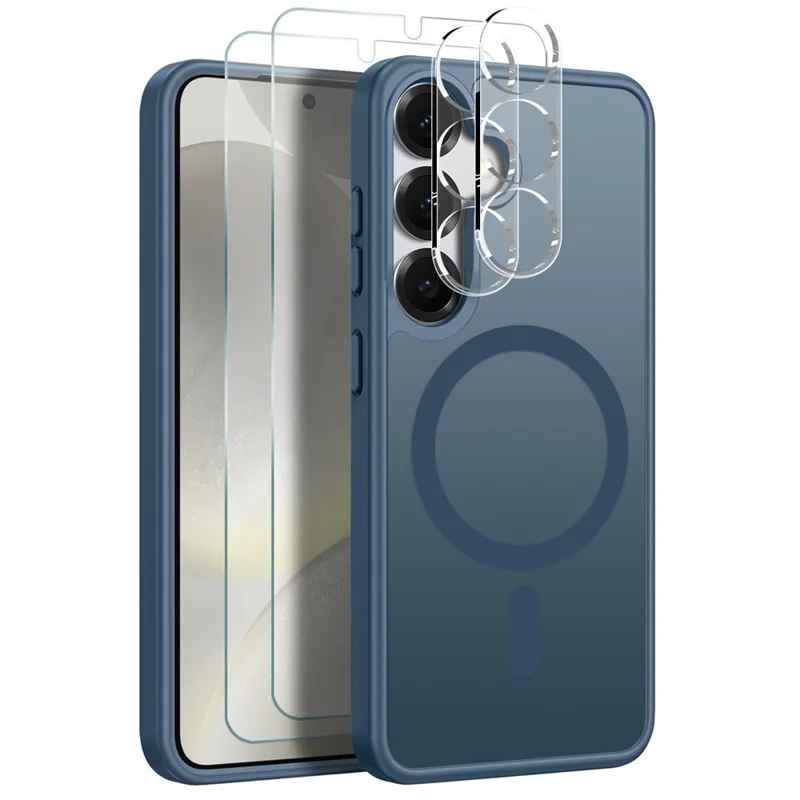 NORTHJO 5 in 1 Set for Samsung Galaxy S24+ Magnetic Case Translucent Matte Shockproof Phone Cover with 2Pcs Front Screen Protector + 2Pcs Lens Film - Blue