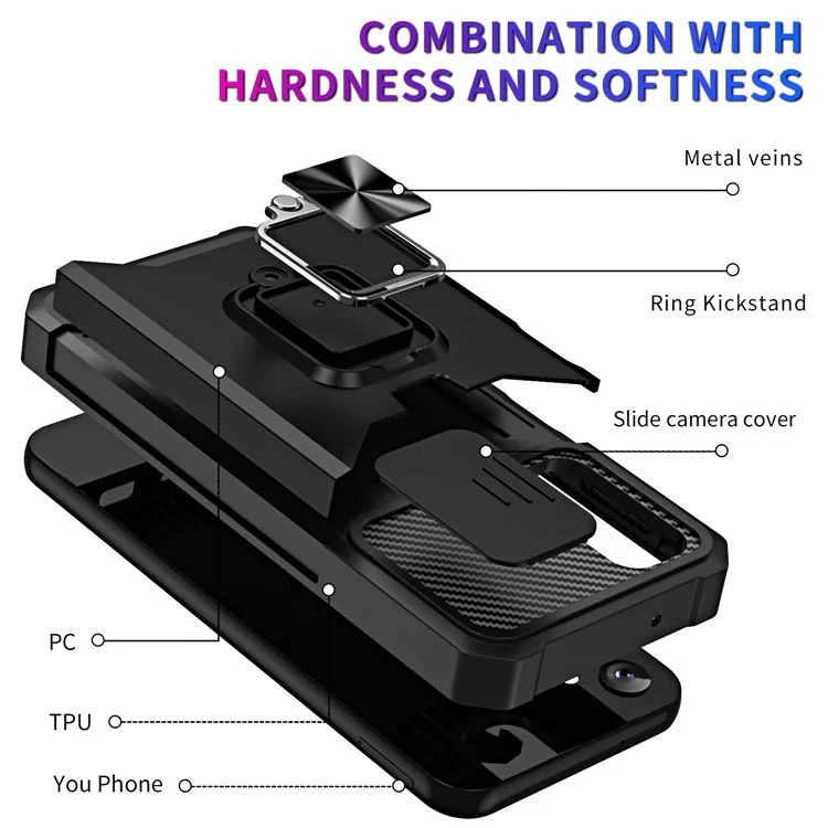 For Samsung Galaxy A14 5G / A14 4G Card Holder Kickstand Phone Case Hard PC Soft TPU Hybrid Cover with Slide Camera Lens Protector - Black
