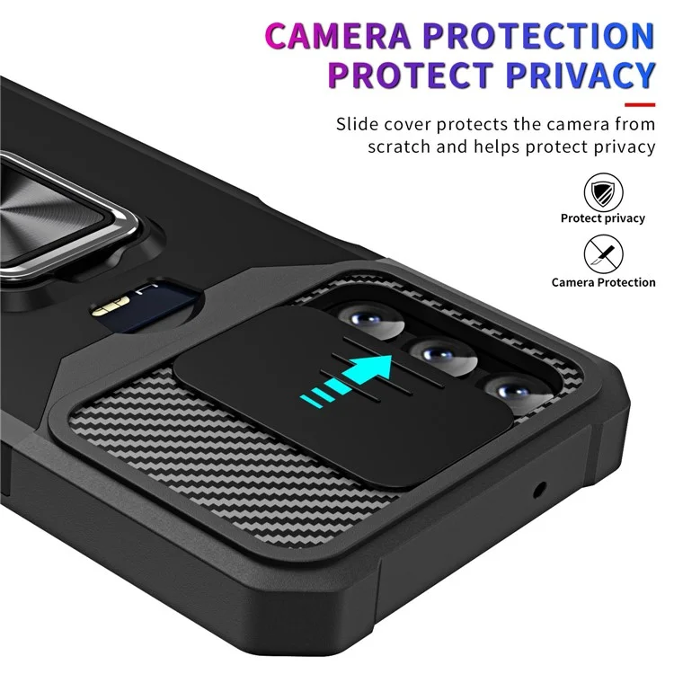 For Samsung Galaxy A14 5G / A14 4G Card Holder Kickstand Phone Case Hard PC Soft TPU Hybrid Cover with Slide Camera Lens Protector - Black