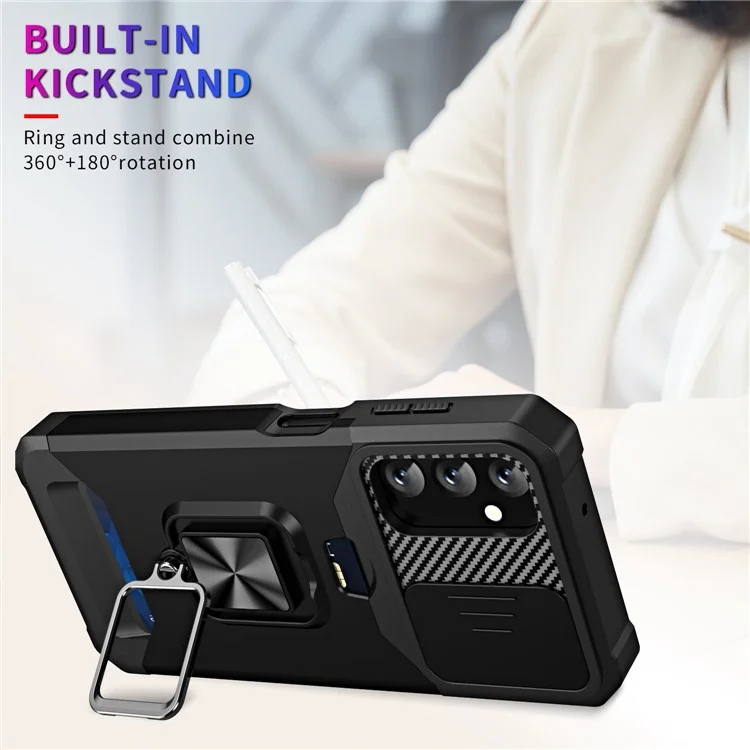 For Samsung Galaxy A14 5G / A14 4G Card Holder Kickstand Phone Case Hard PC Soft TPU Hybrid Cover with Slide Camera Lens Protector - Black