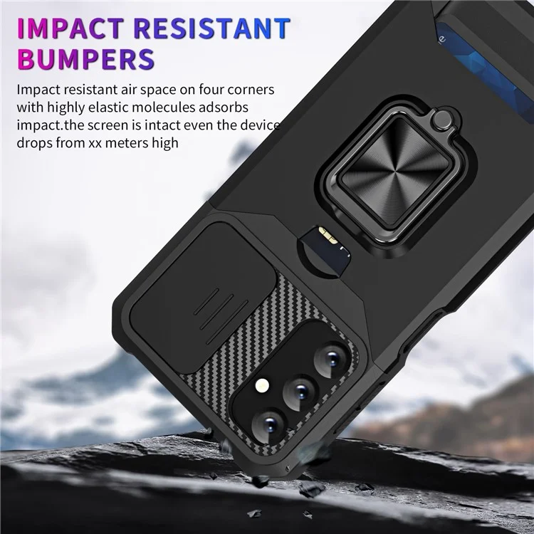 For Samsung Galaxy A14 5G / A14 4G Card Holder Kickstand Phone Case Hard PC Soft TPU Hybrid Cover with Slide Camera Lens Protector - Black