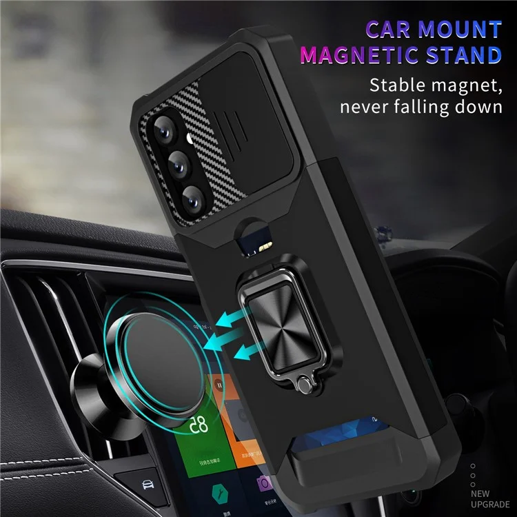 For Samsung Galaxy A14 5G / A14 4G Card Holder Kickstand Phone Case Hard PC Soft TPU Hybrid Cover with Slide Camera Lens Protector - Black