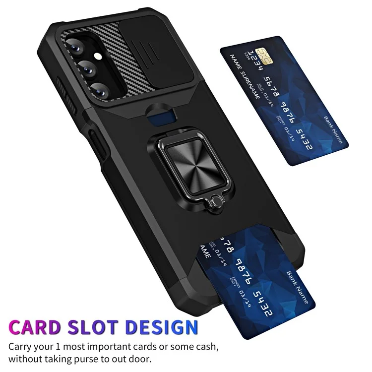 For Samsung Galaxy A14 5G / A14 4G Card Holder Kickstand Phone Case Hard PC Soft TPU Hybrid Cover with Slide Camera Lens Protector - Black