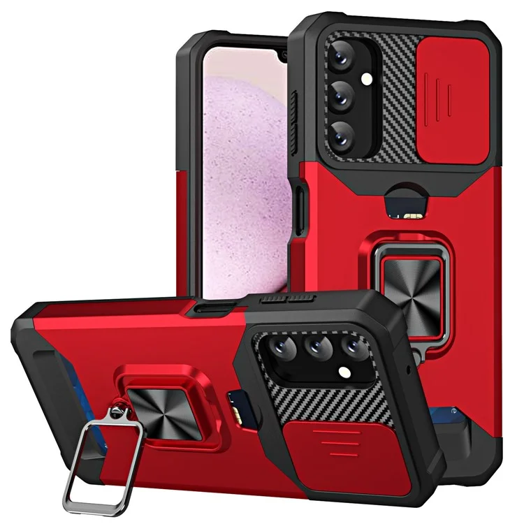 For Samsung Galaxy A14 5G / A14 4G Card Holder Kickstand Phone Case Hard PC Soft TPU Hybrid Cover with Slide Camera Lens Protector - Red