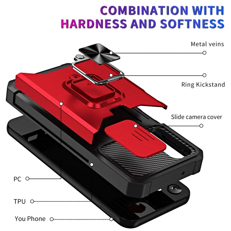For Samsung Galaxy A14 5G / A14 4G Card Holder Kickstand Phone Case Hard PC Soft TPU Hybrid Cover with Slide Camera Lens Protector - Red