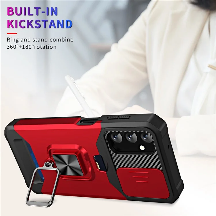 For Samsung Galaxy A14 5G / A14 4G Card Holder Kickstand Phone Case Hard PC Soft TPU Hybrid Cover with Slide Camera Lens Protector - Red