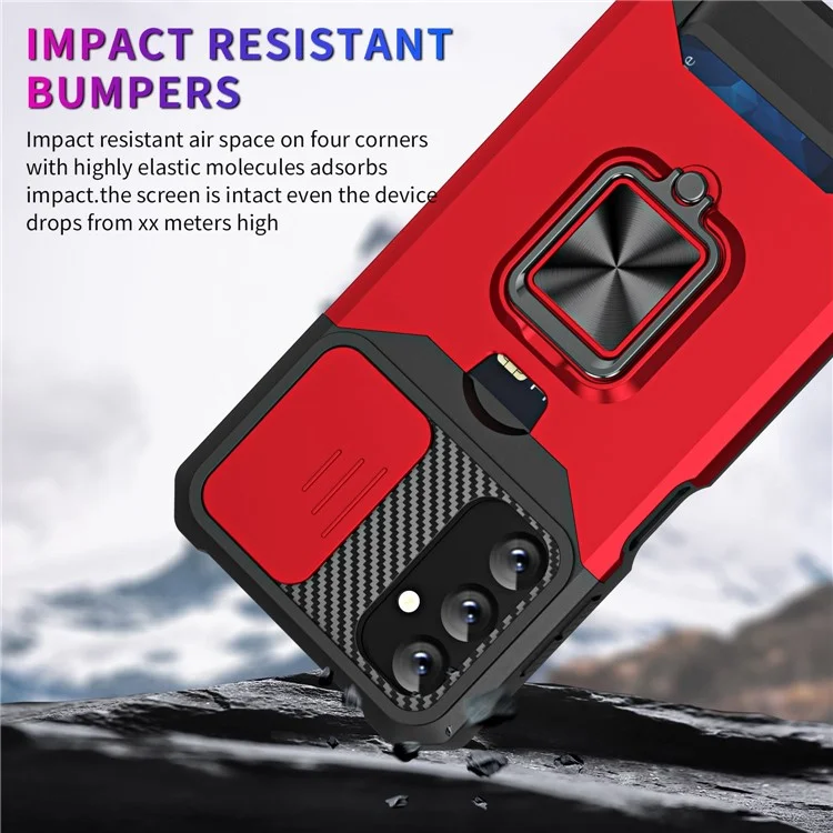 For Samsung Galaxy A14 5G / A14 4G Card Holder Kickstand Phone Case Hard PC Soft TPU Hybrid Cover with Slide Camera Lens Protector - Red