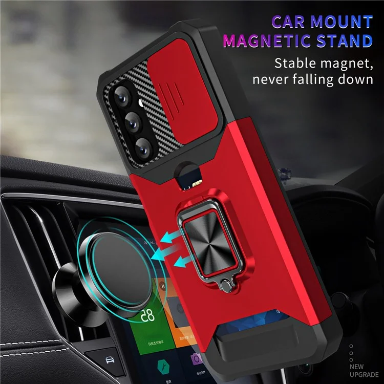 For Samsung Galaxy A14 5G / A14 4G Card Holder Kickstand Phone Case Hard PC Soft TPU Hybrid Cover with Slide Camera Lens Protector - Red