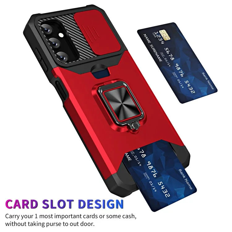 For Samsung Galaxy A14 5G / A14 4G Card Holder Kickstand Phone Case Hard PC Soft TPU Hybrid Cover with Slide Camera Lens Protector - Red