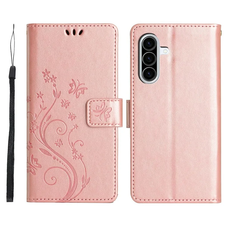 For Samsung Galaxy A27 Leather Wallet Case Butterfly Flower Imprinted Phone Cover with Strap - Rose Gold