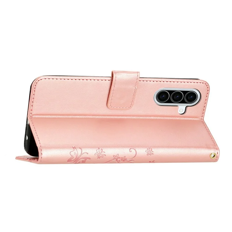 For Samsung Galaxy A27 Leather Wallet Case Butterfly Flower Imprinted Phone Cover with Strap - Rose Gold