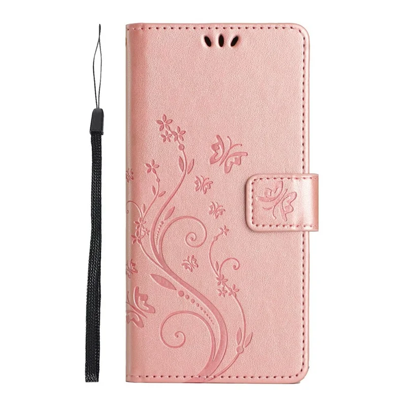 For Samsung Galaxy A27 Leather Wallet Case Butterfly Flower Imprinted Phone Cover with Strap - Rose Gold