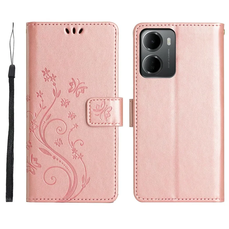 For Xiaomi Redmi 15a 5G Leather Wallet Case Butterfly Flower Imprinted Phone Cover with Strap - Rose Gold