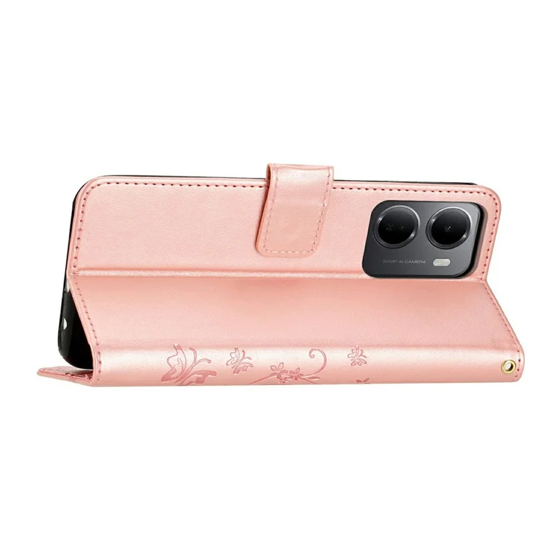 For Xiaomi Redmi 15a 5G Leather Wallet Case Butterfly Flower Imprinted Phone Cover with Strap - Rose Gold