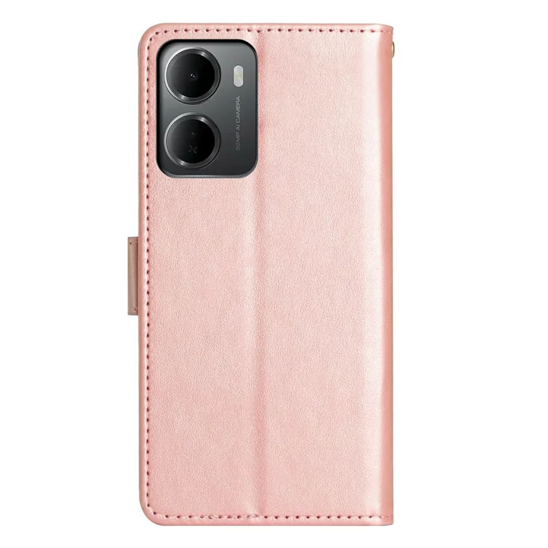 For Xiaomi Redmi 15a 5G Leather Wallet Case Butterfly Flower Imprinted Phone Cover with Strap - Rose Gold