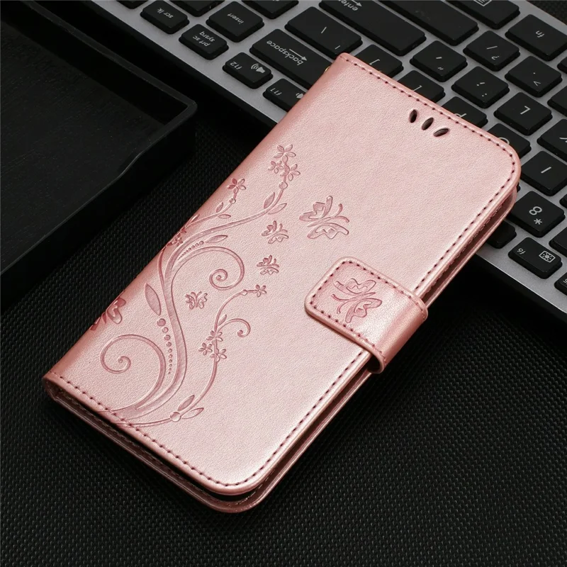 For Xiaomi Redmi 15a 5G Leather Wallet Case Butterfly Flower Imprinted Phone Cover with Strap - Rose Gold