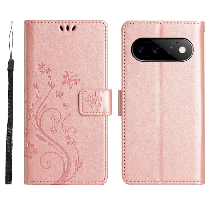 For Google Pixel 11 Pro Leather Wallet Case Butterfly Flower Imprinted Phone Cover with Strap - Rose Gold