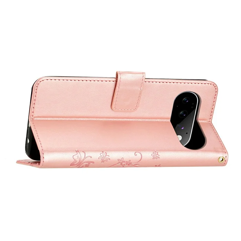 For Google Pixel 11 Pro Leather Wallet Case Butterfly Flower Imprinted Phone Cover with Strap - Rose Gold
