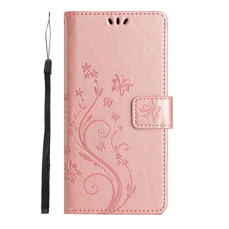 For Google Pixel 11 Pro Leather Wallet Case Butterfly Flower Imprinted Phone Cover with Strap - Rose Gold