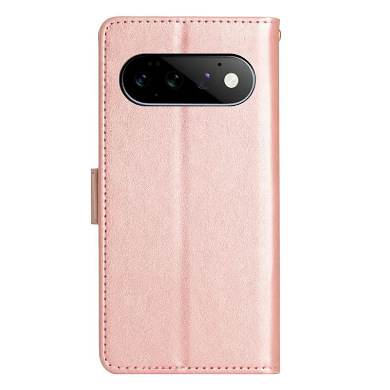 For Google Pixel 11 Pro Leather Wallet Case Butterfly Flower Imprinted Phone Cover with Strap - Rose Gold