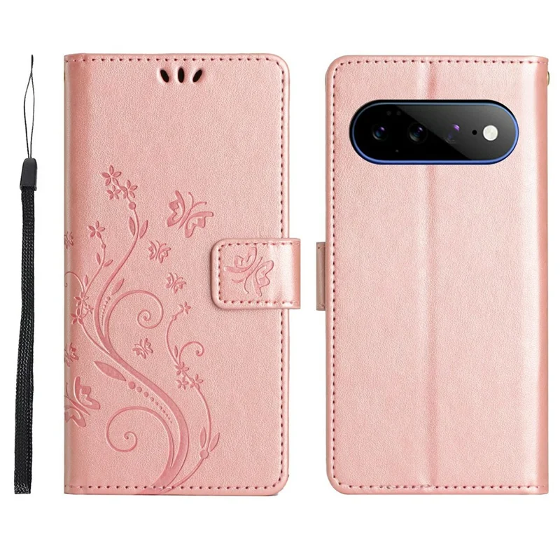 For Google Pixel 11 Pro XL Leather Wallet Case Butterfly Flower Imprinted Phone Cover with Strap - Rose Gold