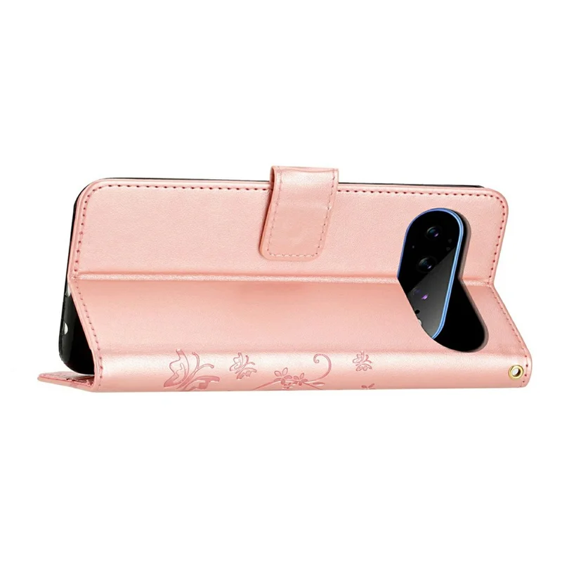For Google Pixel 11 Pro XL Leather Wallet Case Butterfly Flower Imprinted Phone Cover with Strap - Rose Gold