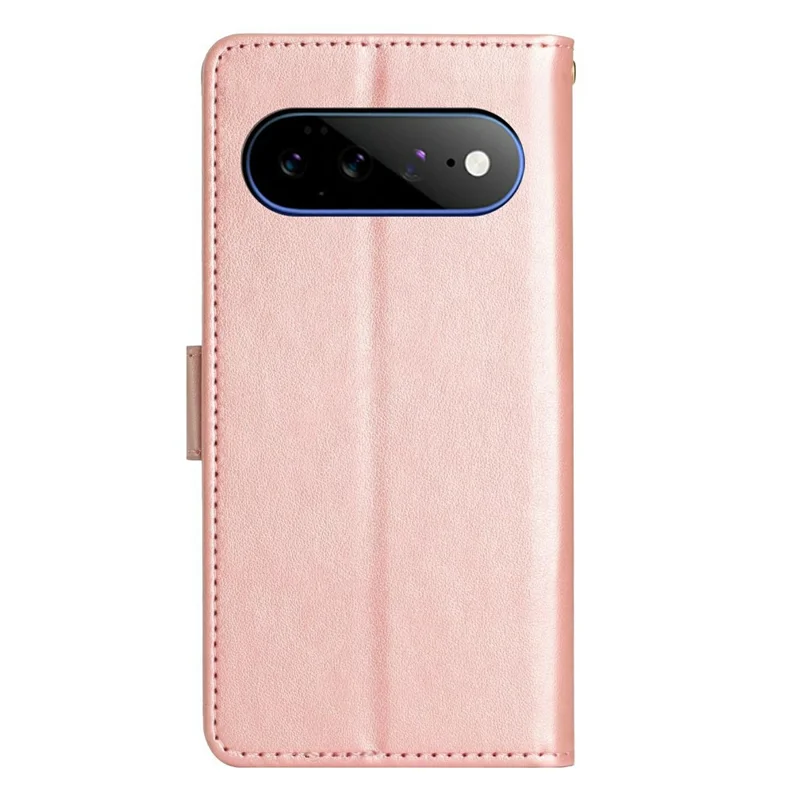 For Google Pixel 11 Pro XL Leather Wallet Case Butterfly Flower Imprinted Phone Cover with Strap - Rose Gold