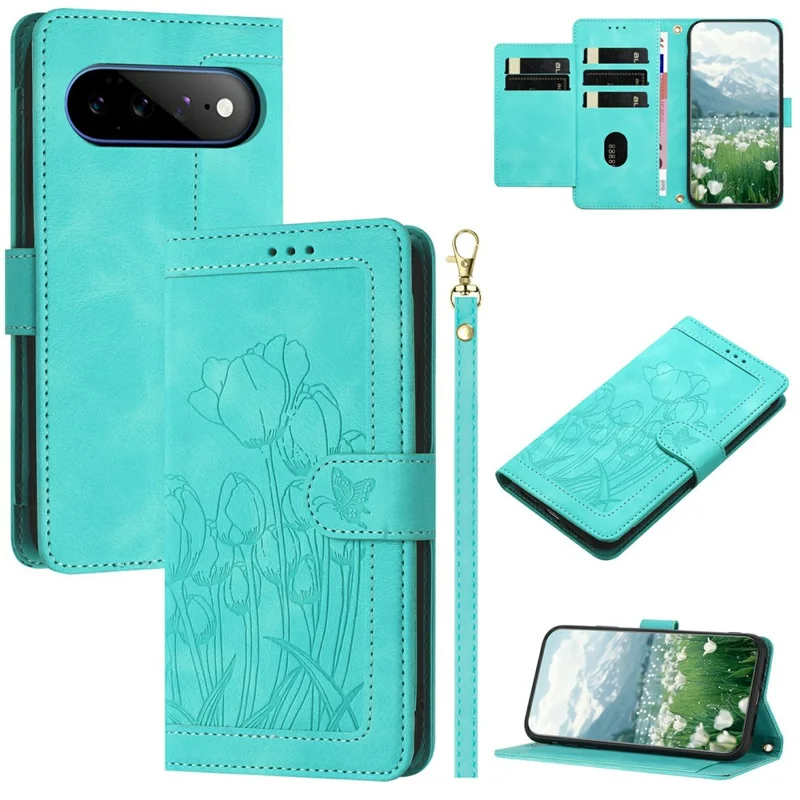 For Google Pixel 11 Pro XL Case Tulip Leather Phone Cover with 5 Card Slots Wallet - Green