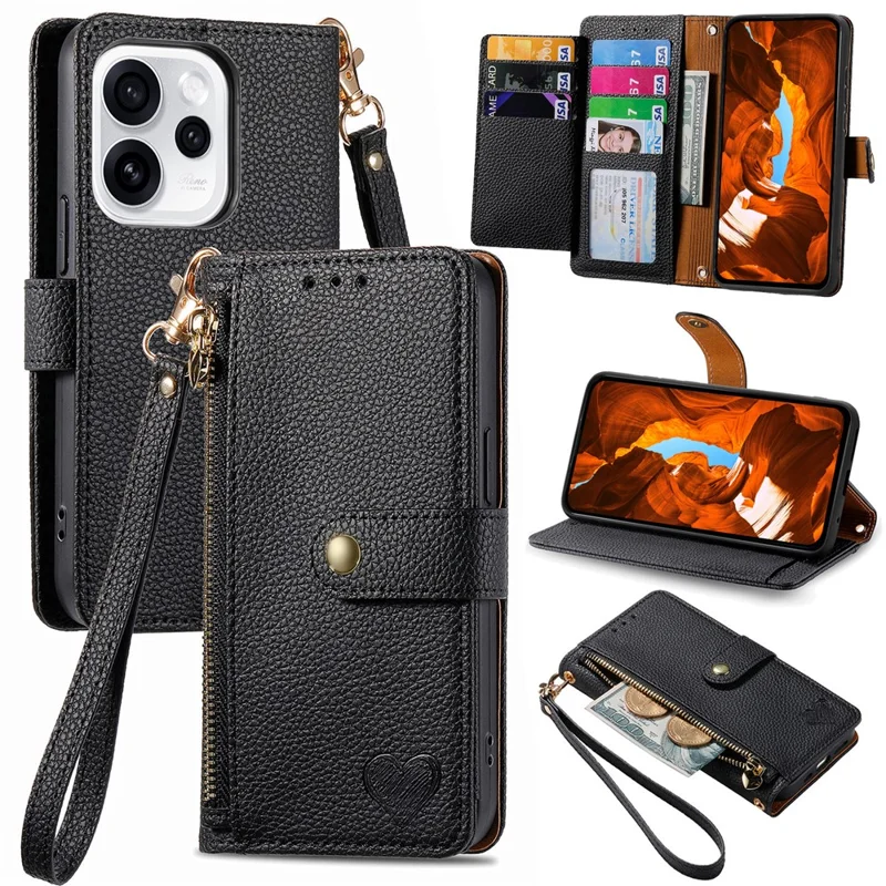For Oppo Reno15 F 5G Case RFID Blocking Zipper Pocket Leather Wallet Phone Cover with Strap - Black