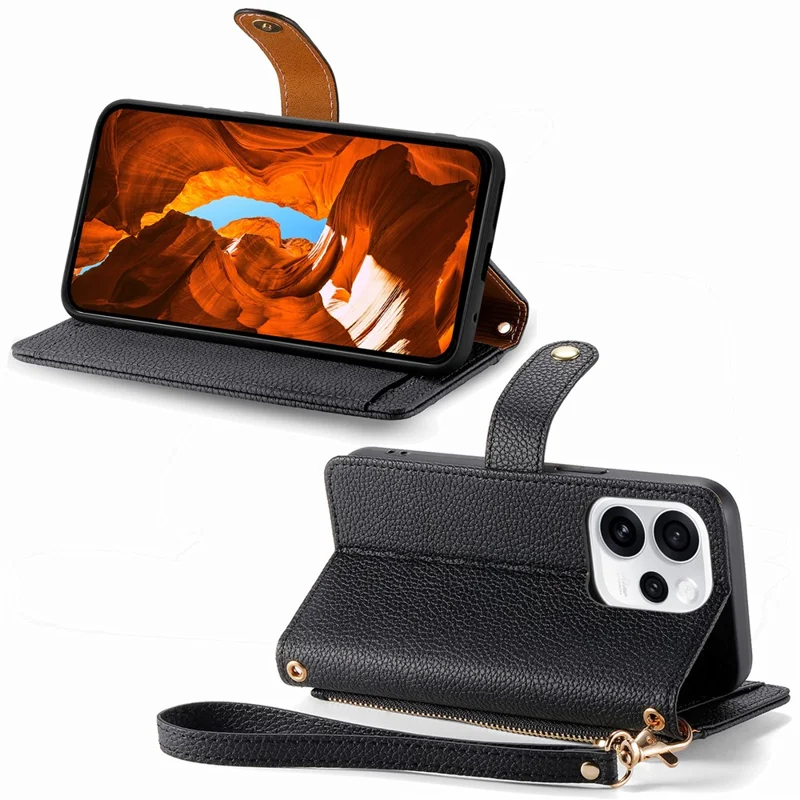 For Oppo Reno15 F 5G Case RFID Blocking Zipper Pocket Leather Wallet Phone Cover with Strap - Black