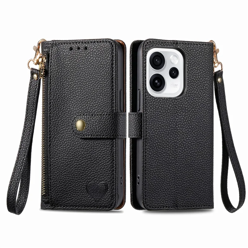 For Oppo Reno15 F 5G Case RFID Blocking Zipper Pocket Leather Wallet Phone Cover with Strap - Black