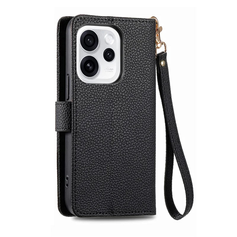 For Oppo Reno15 F 5G Case RFID Blocking Zipper Pocket Leather Wallet Phone Cover with Strap - Black