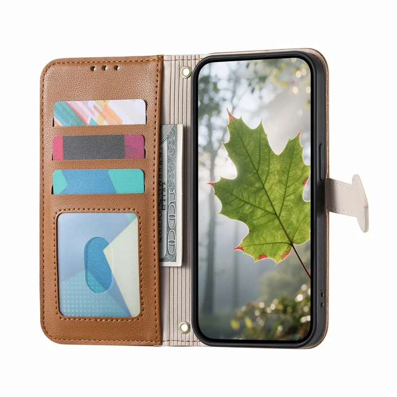 For Oppo Reno15 F 5G Stand Case Leaf Shape Magnetic Clasp Leather Phone Cover with Hand Strap - Brown