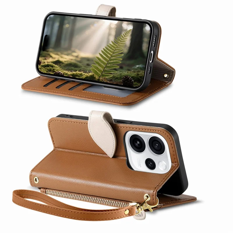 For Oppo Reno15 F 5G Stand Case Leaf Shape Magnetic Clasp Leather Phone Cover with Hand Strap - Brown
