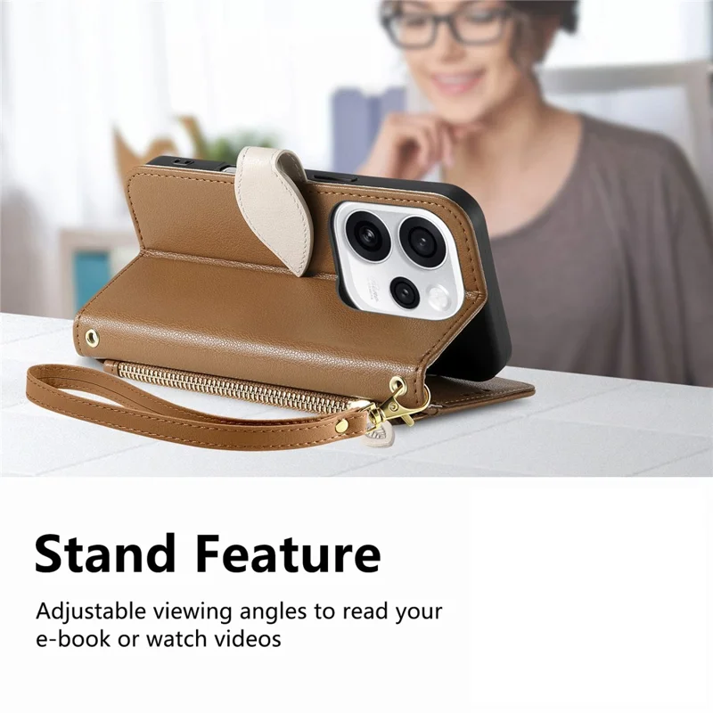 For Oppo Reno15 F 5G Stand Case Leaf Shape Magnetic Clasp Leather Phone Cover with Hand Strap - Brown