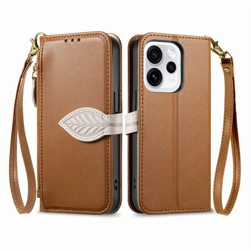 For Oppo Reno15 F 5G Stand Case Leaf Shape Magnetic Clasp Leather Phone Cover with Hand Strap - Brown