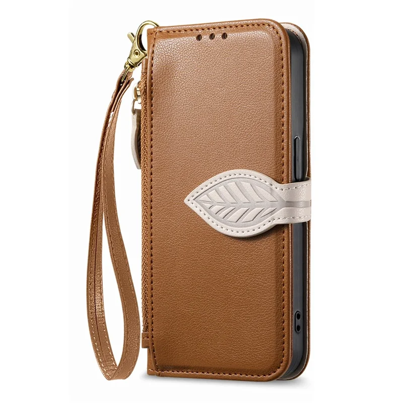 For Oppo Reno15 F 5G Stand Case Leaf Shape Magnetic Clasp Leather Phone Cover with Hand Strap - Brown
