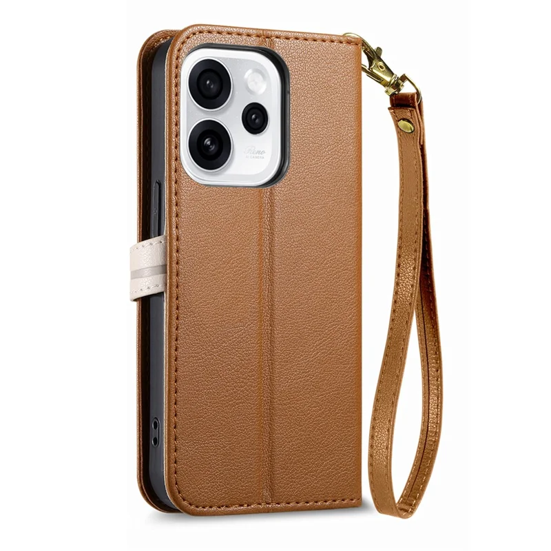 For Oppo Reno15 F 5G Stand Case Leaf Shape Magnetic Clasp Leather Phone Cover with Hand Strap - Brown