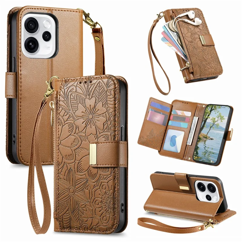 For Oppo Reno15 F 5G Case Floral Leaf Pattern Multi Card Slots Zipper Leather Phone Cover with Wrist Strap - Brown