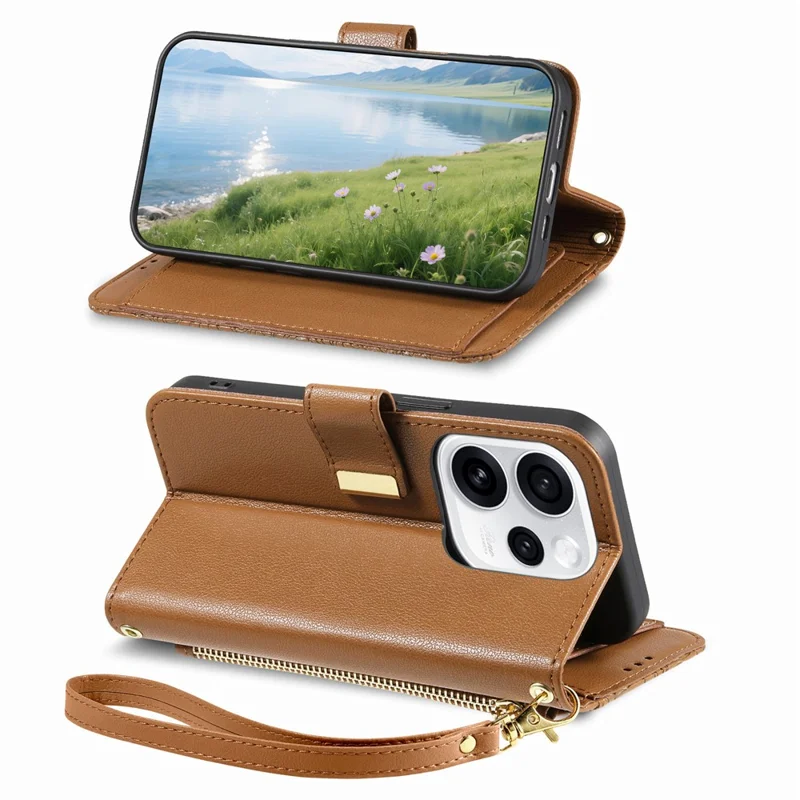 For Oppo Reno15 F 5G Case Floral Leaf Pattern Multi Card Slots Zipper Leather Phone Cover with Wrist Strap - Brown