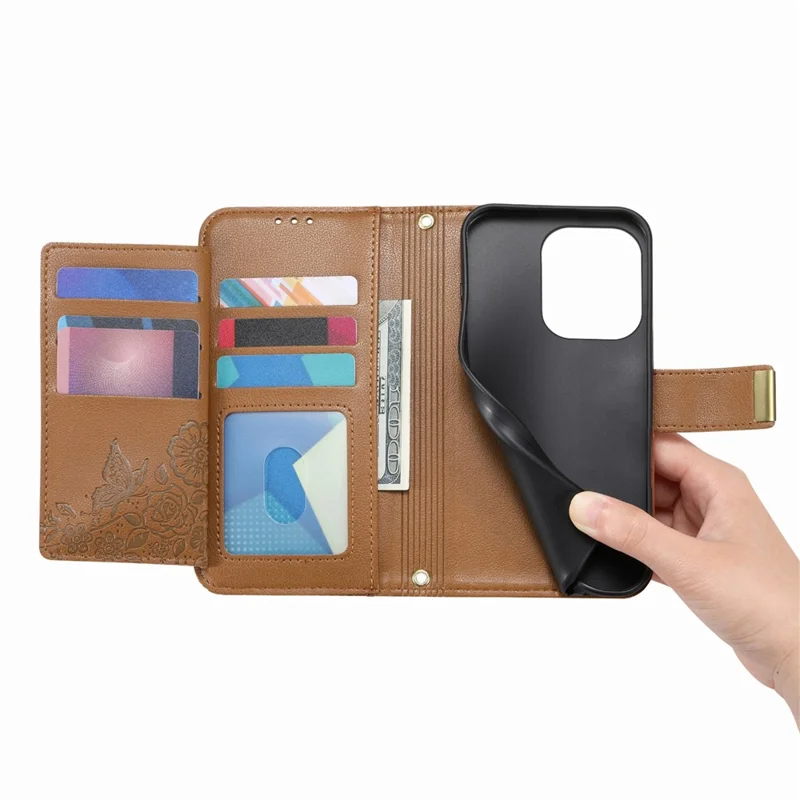 For Oppo Reno15 F 5G Case Floral Leaf Pattern Multi Card Slots Zipper Leather Phone Cover with Wrist Strap - Brown
