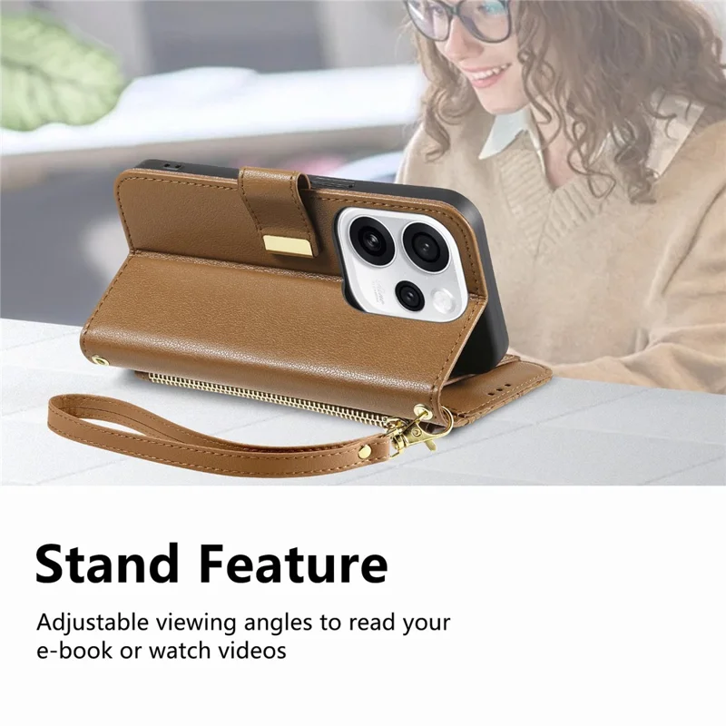 For Oppo Reno15 F 5G Case Floral Leaf Pattern Multi Card Slots Zipper Leather Phone Cover with Wrist Strap - Brown