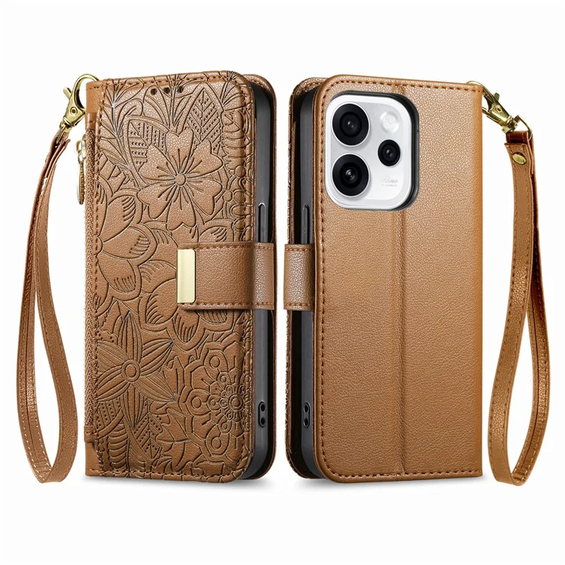 For Oppo Reno15 F 5G Case Floral Leaf Pattern Multi Card Slots Zipper Leather Phone Cover with Wrist Strap - Brown