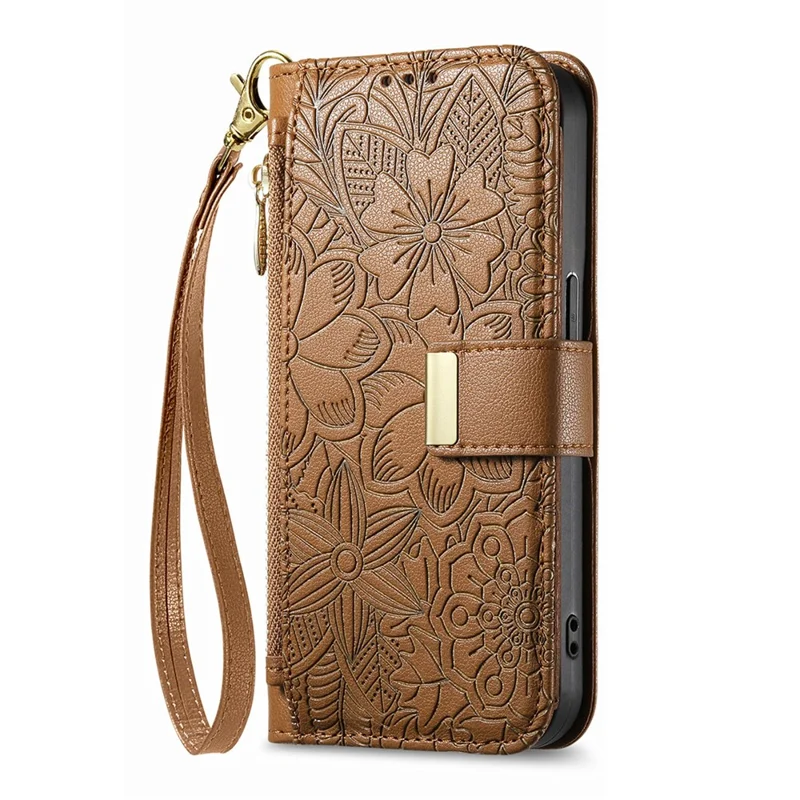 For Oppo Reno15 F 5G Case Floral Leaf Pattern Multi Card Slots Zipper Leather Phone Cover with Wrist Strap - Brown