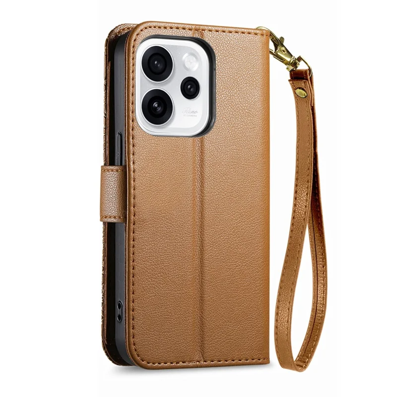 For Oppo Reno15 F 5G Case Floral Leaf Pattern Multi Card Slots Zipper Leather Phone Cover with Wrist Strap - Brown