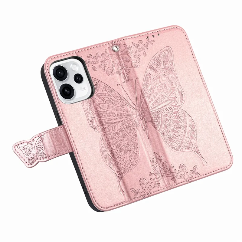 For Oppo Reno15 F 5G Case with Strap Butterfly Pattern PU Leather Wallet Phone Cover - Rose Gold