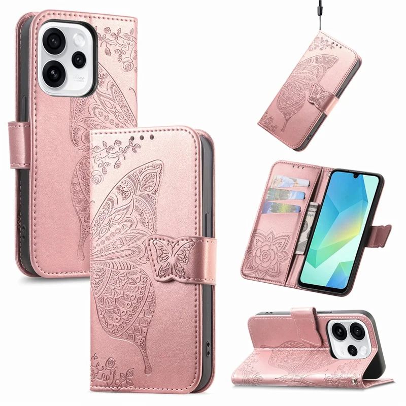 For Oppo Reno15 F 5G Case with Strap Butterfly Pattern PU Leather Wallet Phone Cover - Rose Gold